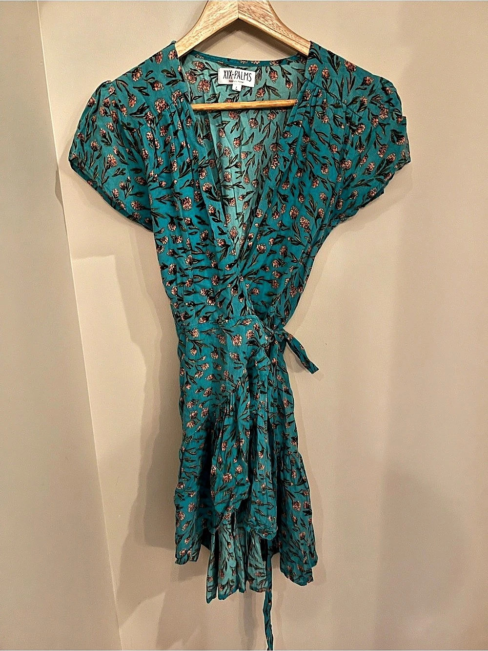 XIX Palms Floral Wrap Midi Dress in Blue & Pink Large Like New